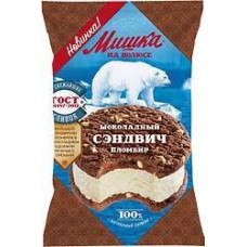 Мороженое Пломбир Мишка на полюсе Сэндвич ванильный в шоколадном сдобном печенье, 85 гр