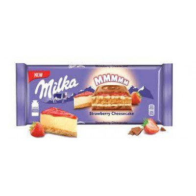 Шоколад Milka Strawberry Cheesecake молочный с начинкой со вкусом чизкейка, клубничной начинкой и печеньем, 300 гр