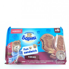 Печенье-сэндвич Барни Медвежонок с какао и с начинкой с кусочками темного шоколада, 180гр